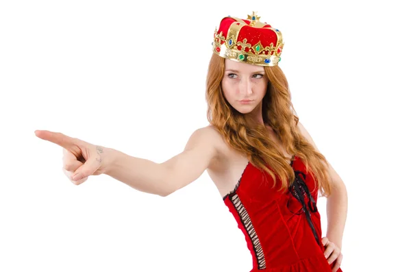 Girl with crown pressing virtual button — Stock Photo, Image