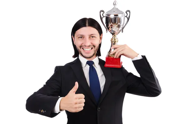 Empresário galardoado com a taça do prêmio — Fotografia de Stock