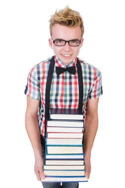 Öğrenci kitap yığını ile