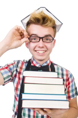 Öğrenci kitap yığını ile