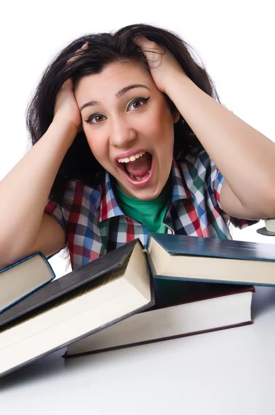 Estudante cansado com livros didáticos — Fotografia de Stock