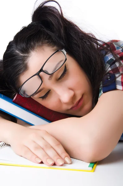 Estudante cansado com livros didáticos — Fotografia de Stock