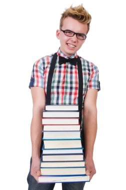 Öğrenci kitap yığını ile