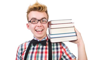 Öğrenci kitap yığını ile