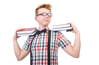 Öğrenci kitap yığını ile