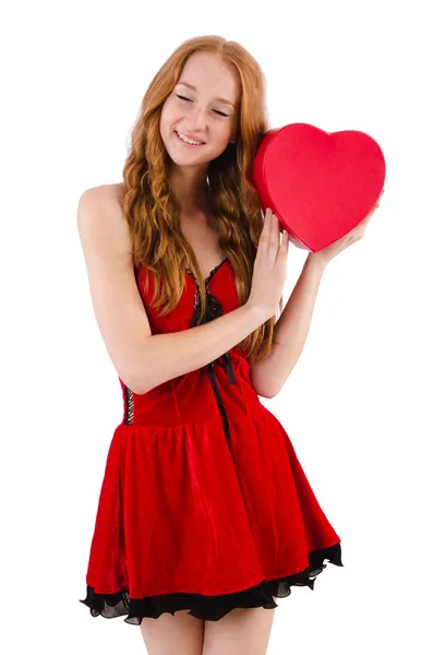 Jeune fille en robe rouge avec coeur — Photo