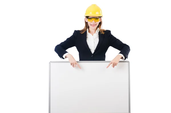 Builder woman with blank board — Stock Photo, Image