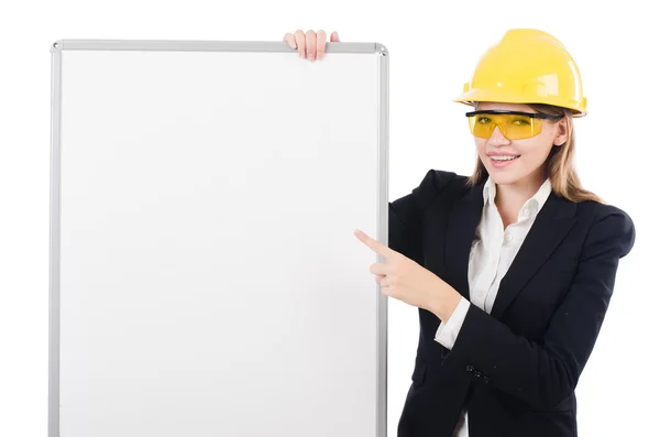 Constructora mujer con tablero en blanco — Foto de Stock