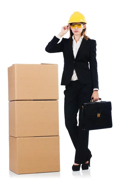 Costruttore donna con scatole — Foto Stock