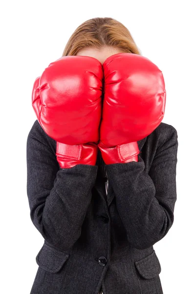 Businesswoman with boxing gloves — Stock Photo, Image