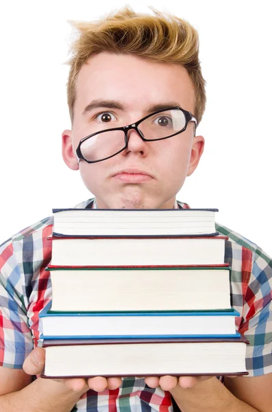 Étudiant avec pile de livres — Photo