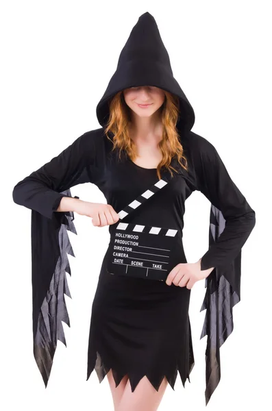 Cute witch with movie board — Stock Photo, Image