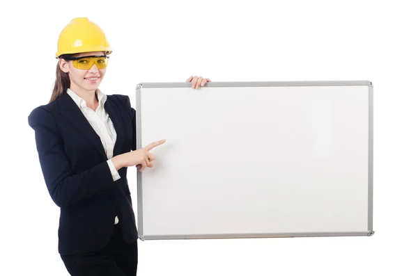 Constructora mujer con tablero en blanco — Foto de Stock