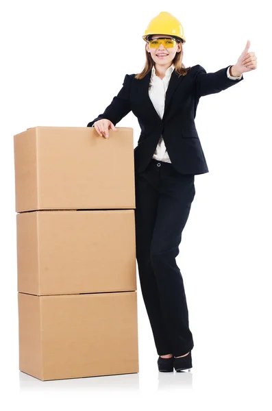 Constructora mujer con cajas — Foto de Stock