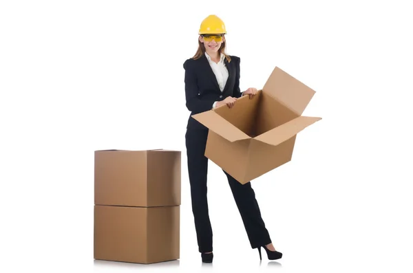 Bauarbeiterin mit Kisten — Stockfoto