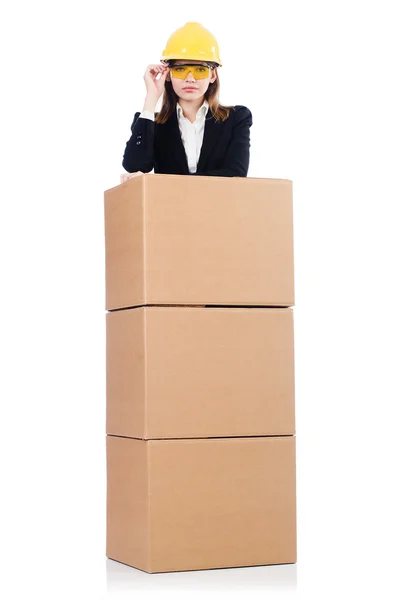 Builder woman with boxes — Stock Photo, Image