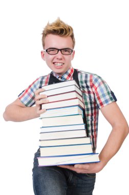 Öğrenci kitap yığını ile