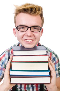 Öğrenci kitap yığını ile