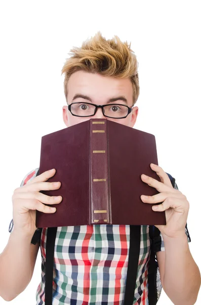 Estudante com pilha de livros — Fotografia de Stock