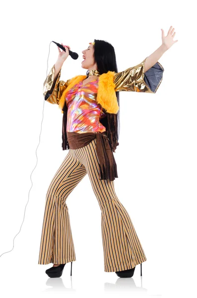 Frau in spanischer Kleidung mit Mikrofon — Stockfoto