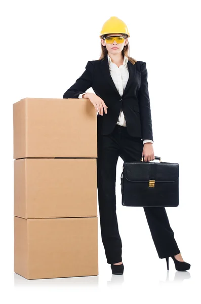 Builder woman with boxes — Stock Photo, Image