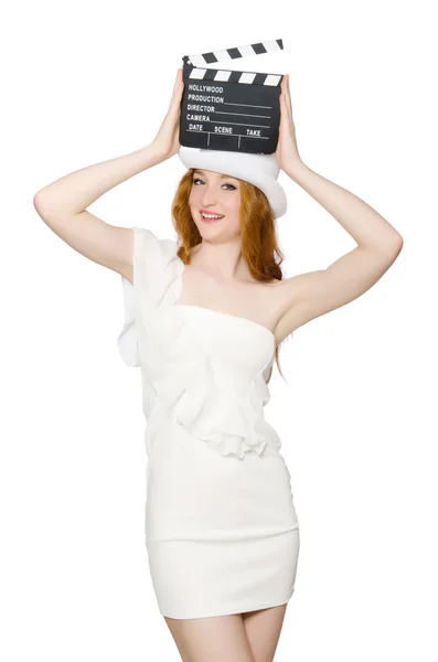 Chica en sombrero con el tablero de cine —  Fotos de Stock