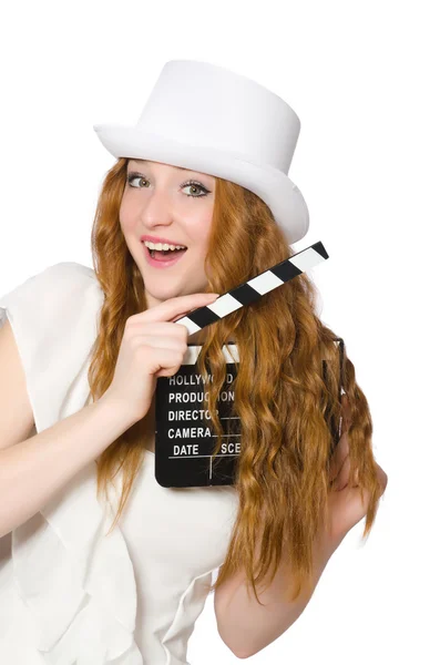 Girl in hat with movie board — Stock Photo, Image