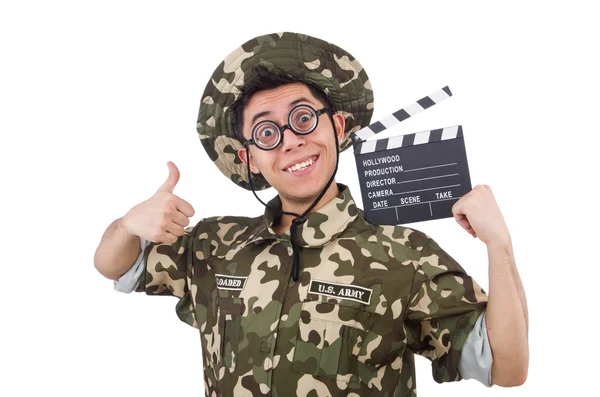 Divertido soldado con tablero de cine —  Fotos de Stock