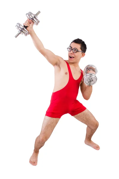 Funny guy with dumbbels — Stock Photo, Image