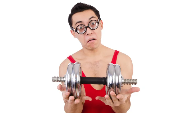 Funny guy with dumbbels — Stock Photo, Image