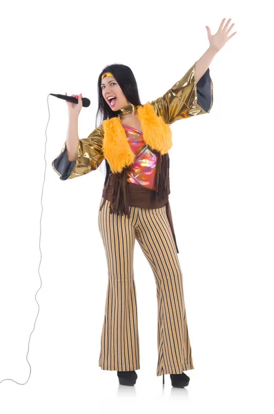Donna in abbigliamento spagnolo con microfono — Foto Stock