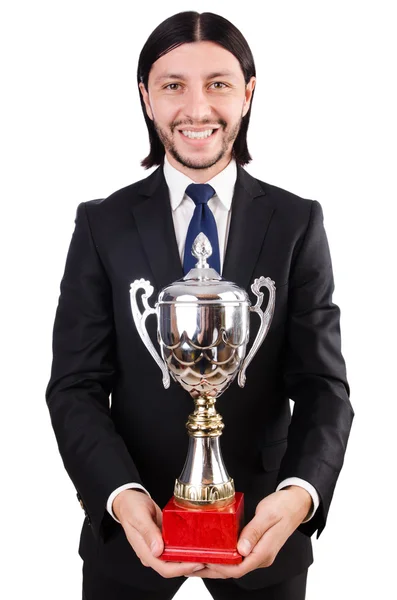 Empresário galardoado com a taça do prêmio — Fotografia de Stock