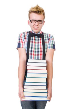 Öğrenci kitap yığını ile