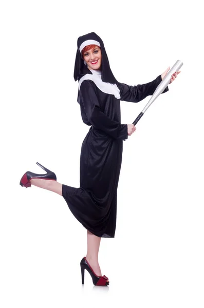 Nun with baseball bat — Stock Photo, Image