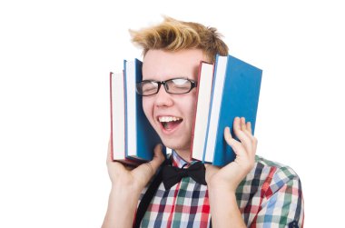 Öğrenci kitap yığını ile