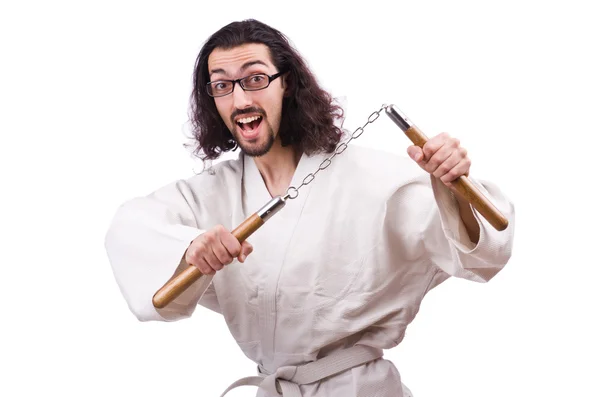 Karate hombre con nunchucks — Foto de Stock