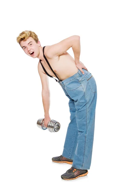 Funny man with dumbbells — Stock Photo, Image