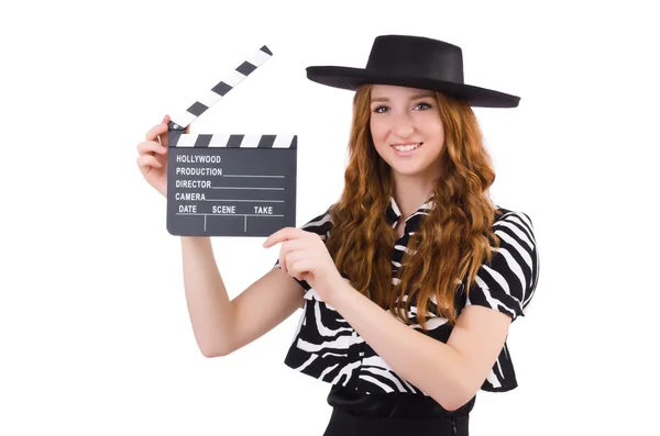 Donna con clapboard film — Foto Stock