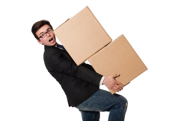 Смешной человек с коробками — стоковое фото