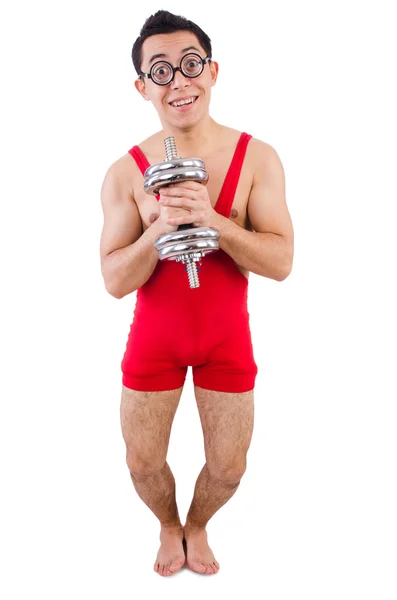 Funny guy with dumbbels — Stock Photo, Image