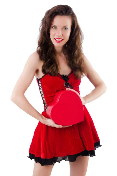 Chica en vestido rojo con ataúd de corazón — Zdjęcie stockowe