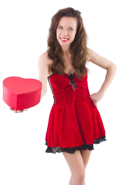 Girl in red dress with heart casket — Stock Photo, Image