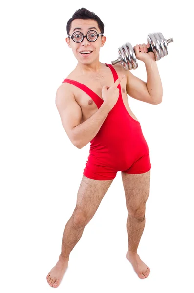 Funny guy with dumbbels — Stock Photo, Image