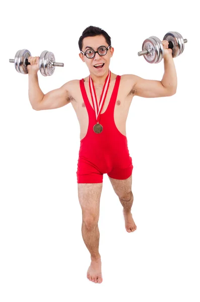 Funny guy with dumbbels — Stock Photo, Image