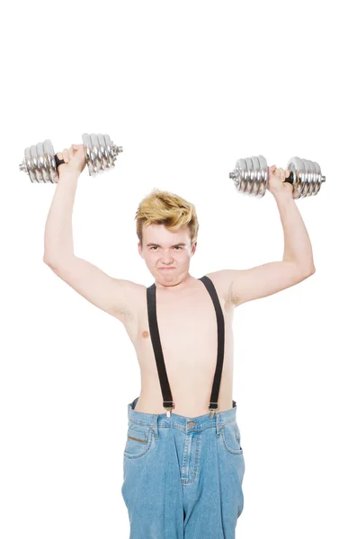 Funny man with dumbbells — Stock Photo, Image