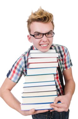 Öğrenci kitap yığını ile