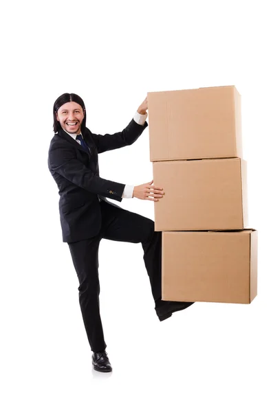 Homem engraçado com caixas — Fotografia de Stock