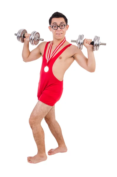 Funny guy with dumbbels — Stock Photo, Image