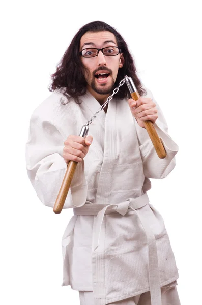 Karate man med nunchucks — Stockfoto