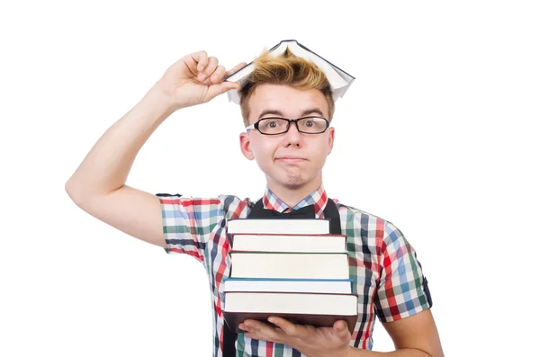 Estudante com pilha de livros — Fotografia de Stock